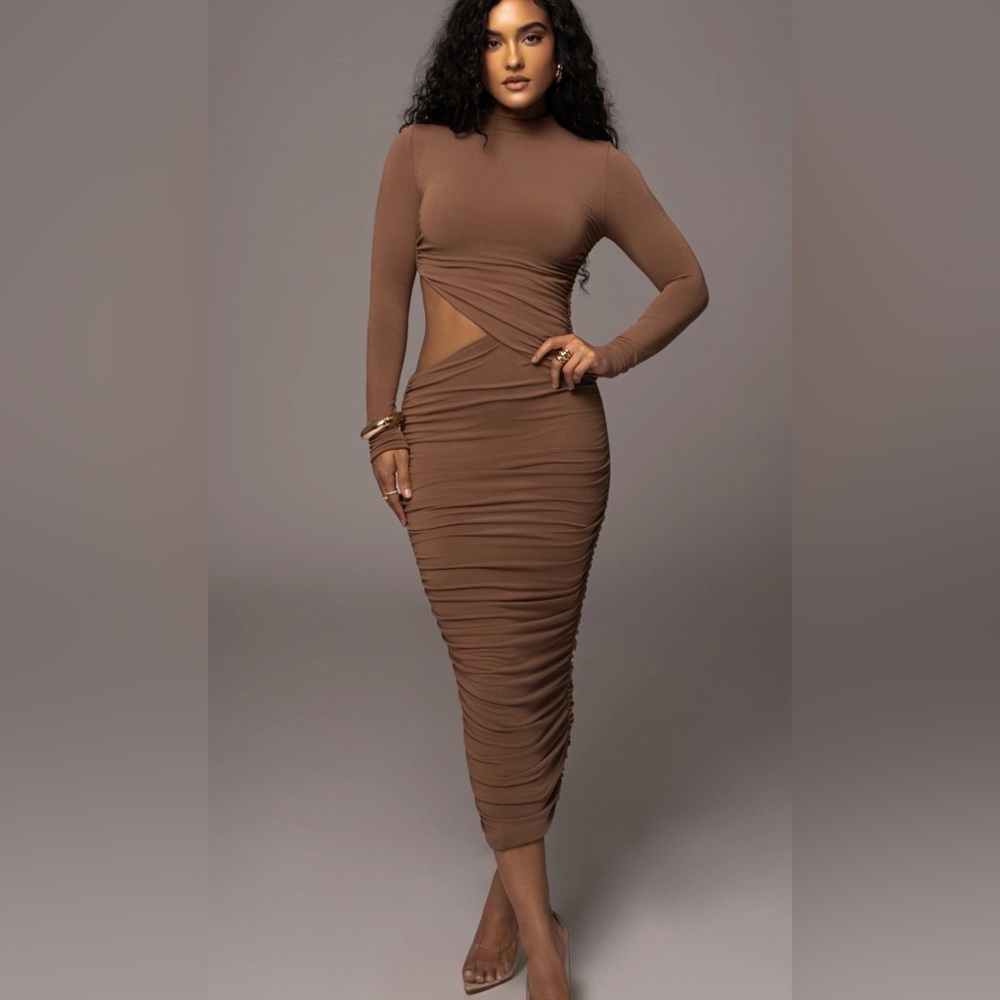 JLUXLABEL Long Sleeve Cutout Ruched Midi Dress in Brown